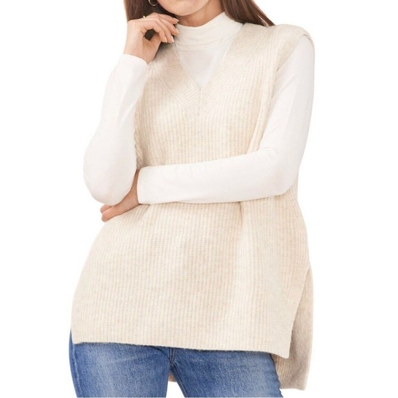 Vince Camuto Women M Malted Rib Knit V-Neck Oversized High-Low Sweater Vest NWT - Picture 1 of 12